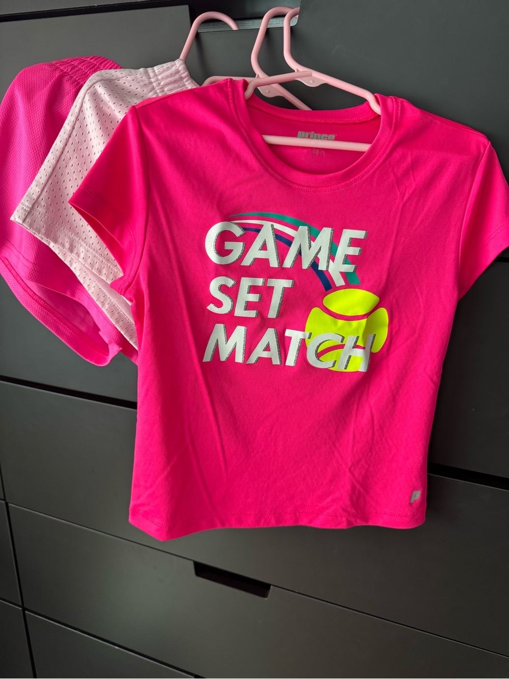 Prince Girls' Hot Pink 'Game Set Match' Tee with Neon Yellow Tennis Detail